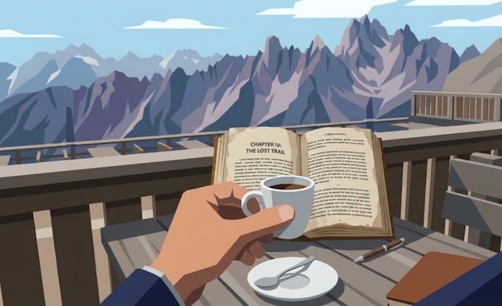 Hand holding an espresso over an open book on a terrace facing the Dolomites